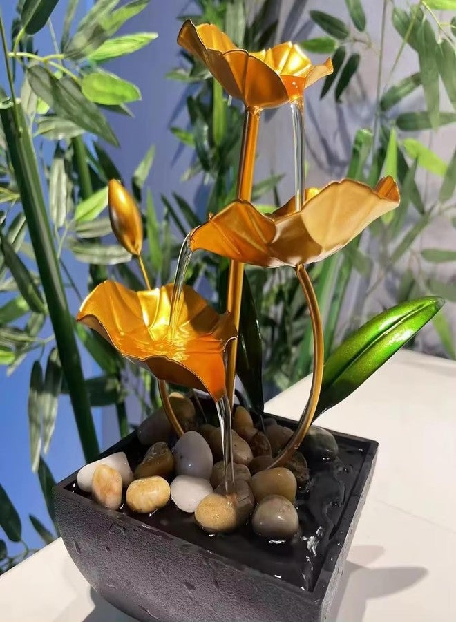 V TRIVYOM Metal Tabletop Water Fountain - Decor Ornaments with Waterfall Desktop Lotus Fountains, Deep Basin and Natural River Rocks, Indoor Relaxation for Office, Bedroom Decor Item (Golden, 1 PCS) - Image 5